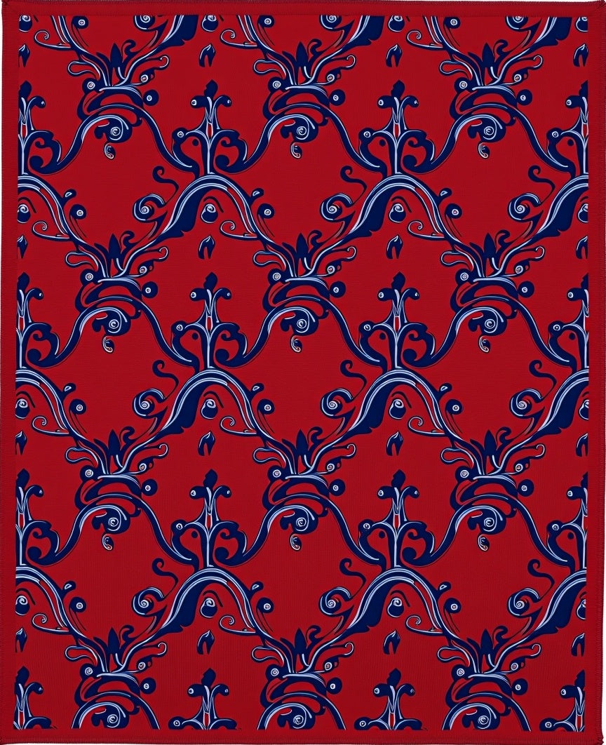 Elegant Red Blue Scroll Pattern Rug