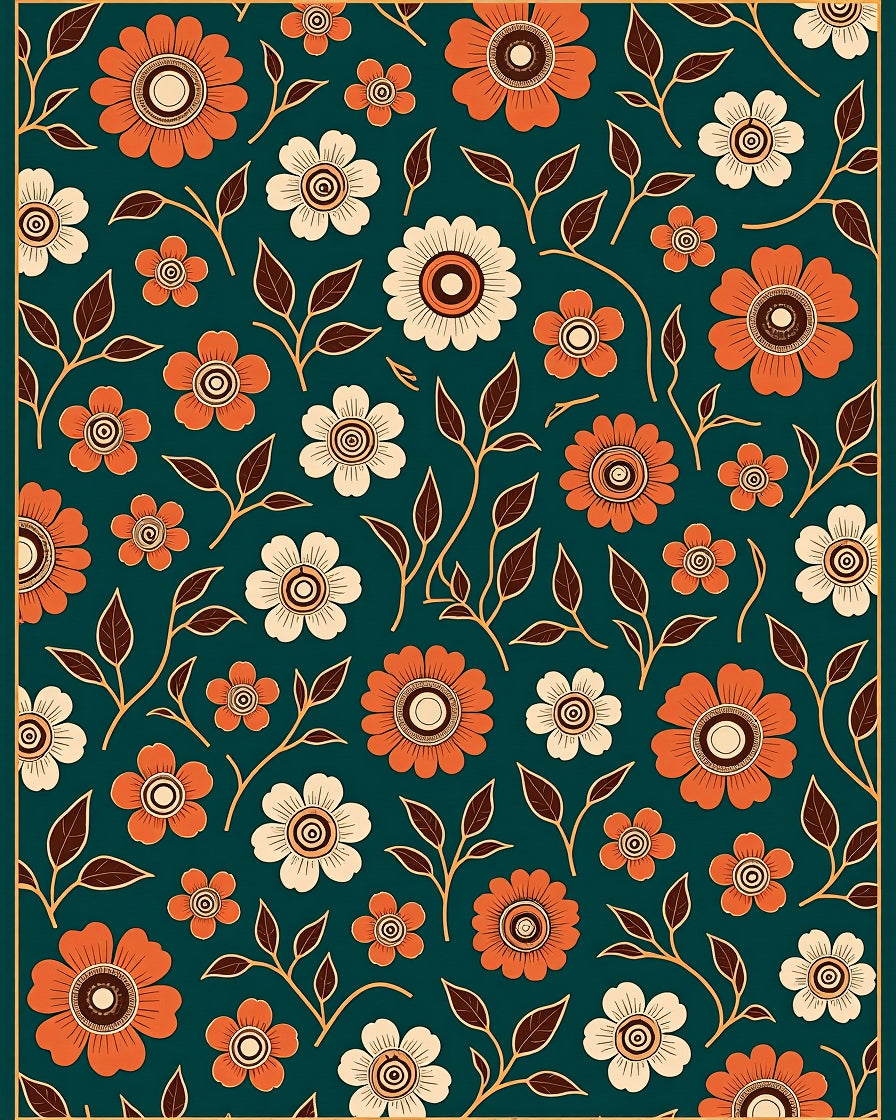 Warm Orange Cream Floral Pattern Rug