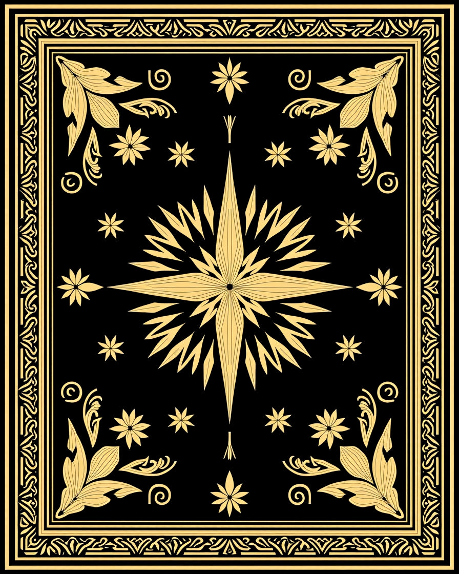 Elegant Gold Floral Starburst Design Rug