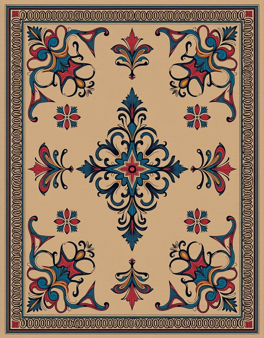 Rich Blue Red Floral Medallion Design Rug
