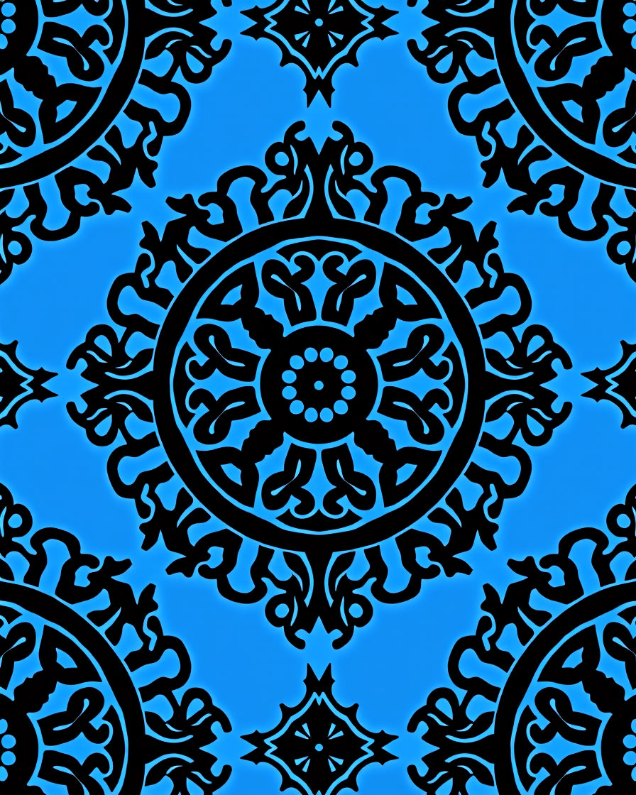 Bold Blue Black Ornamental Medallion Design Rug