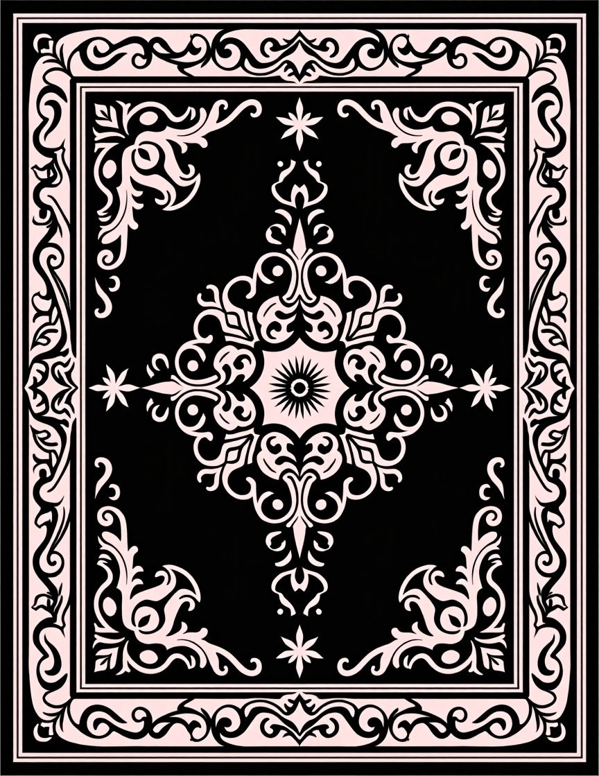 Elegant Black Pink Damask Pattern Rug