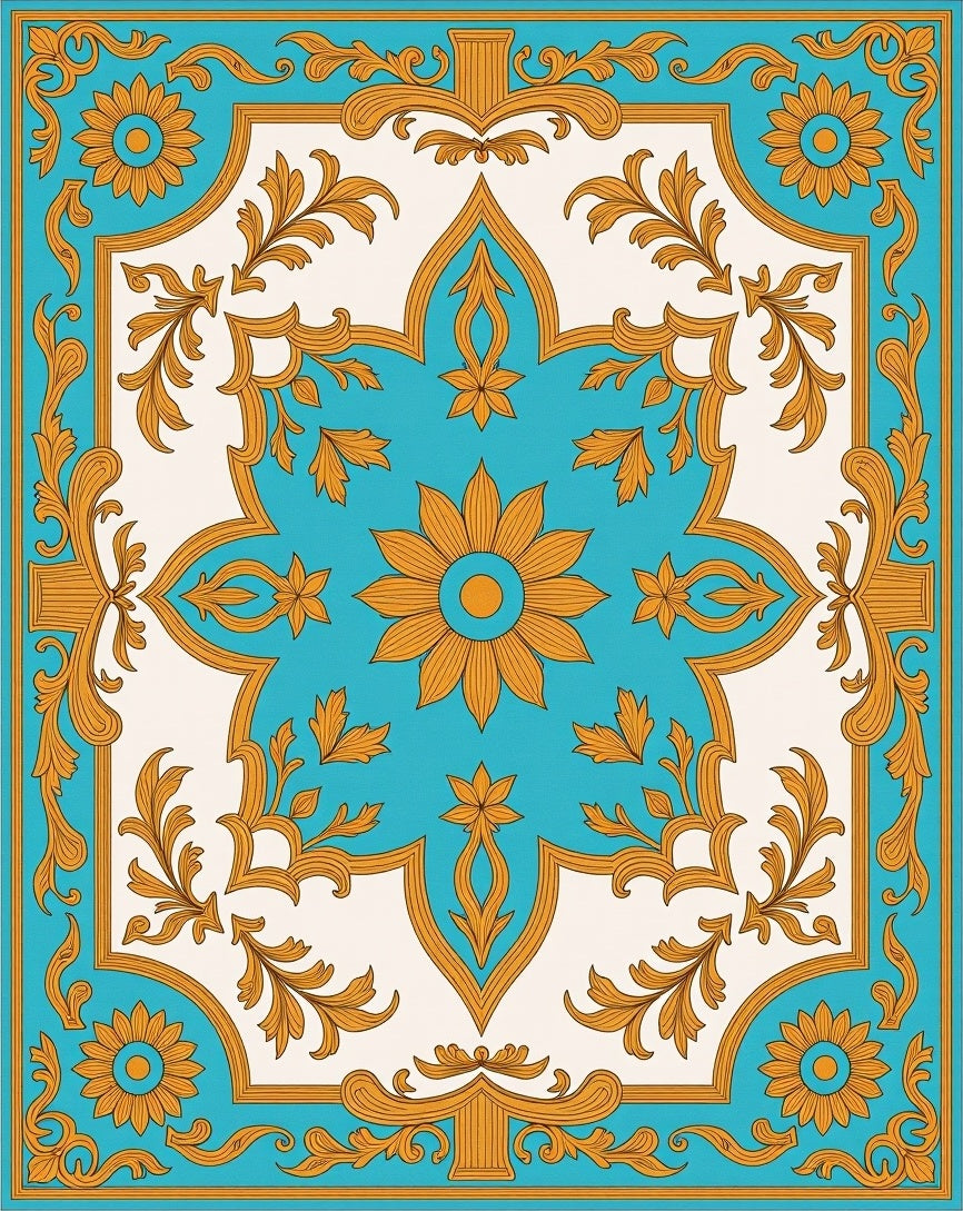 Gold Floral Medallion Turquoise Cream Rug