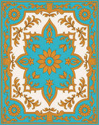 Gold Floral Medallion Turquoise Cream Rug