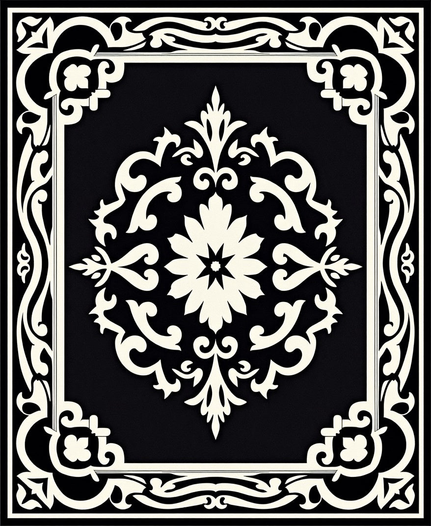 Classic Black and White Floral Pattern Rug