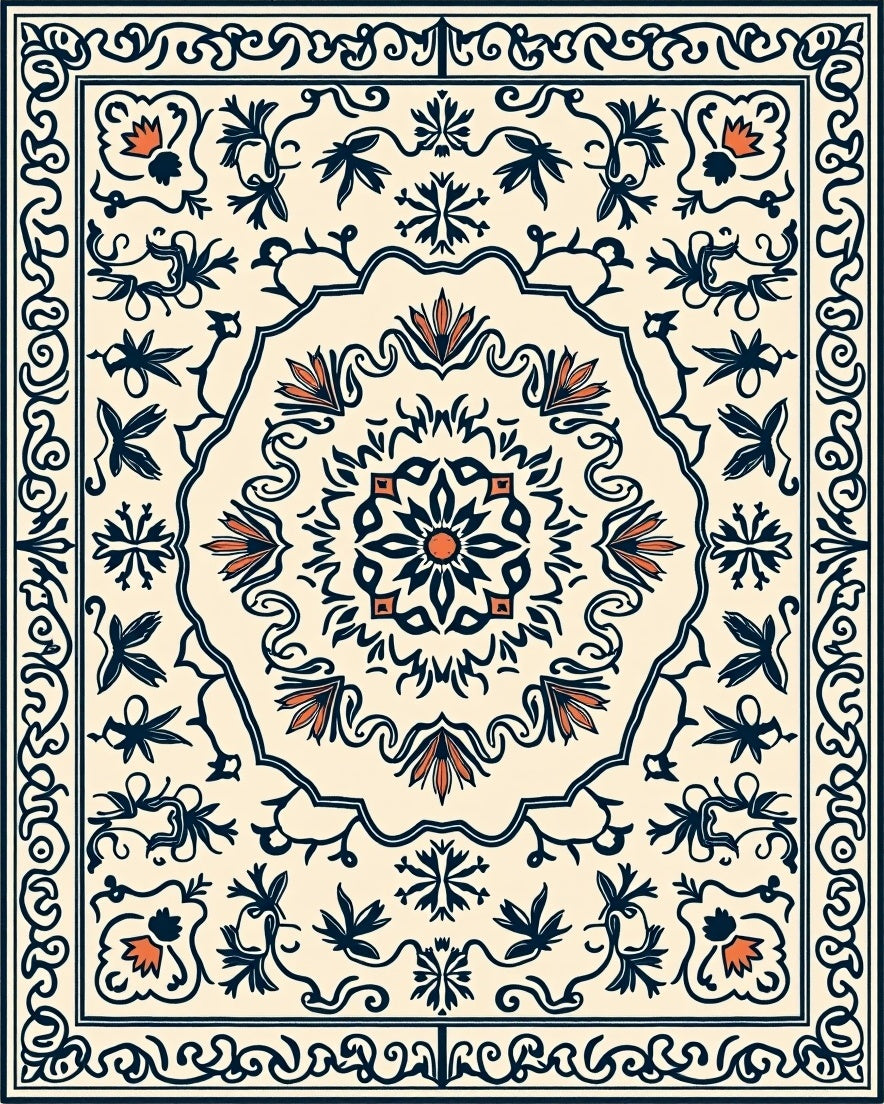Cream Navy Floral Medallion Rug