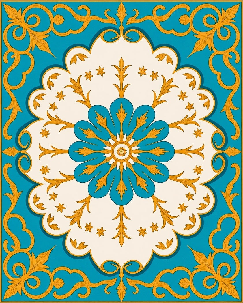 Turquoise Floral Medallion Swirl Pattern Rug