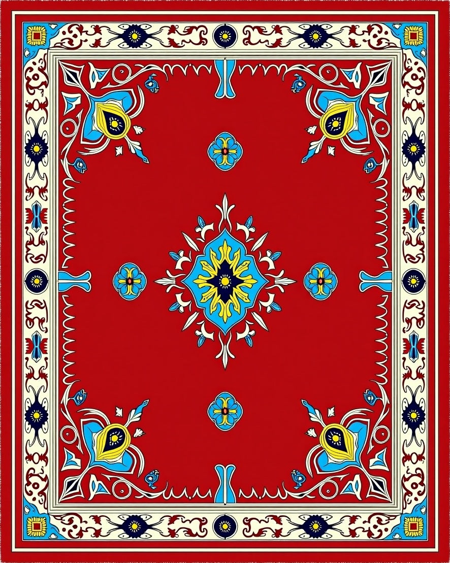 Vibrant Red Floral Medallion Border Design Rug