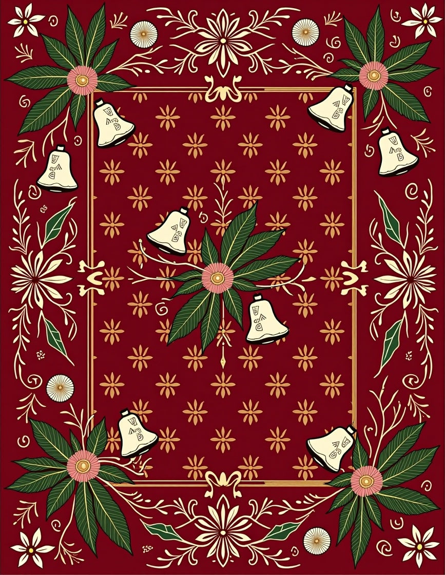 Festive Red Floral Bell Border Rug