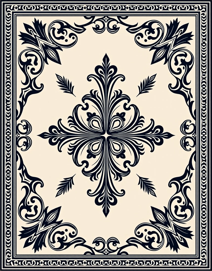 Ornate Black Cream Floral Pattern Rug