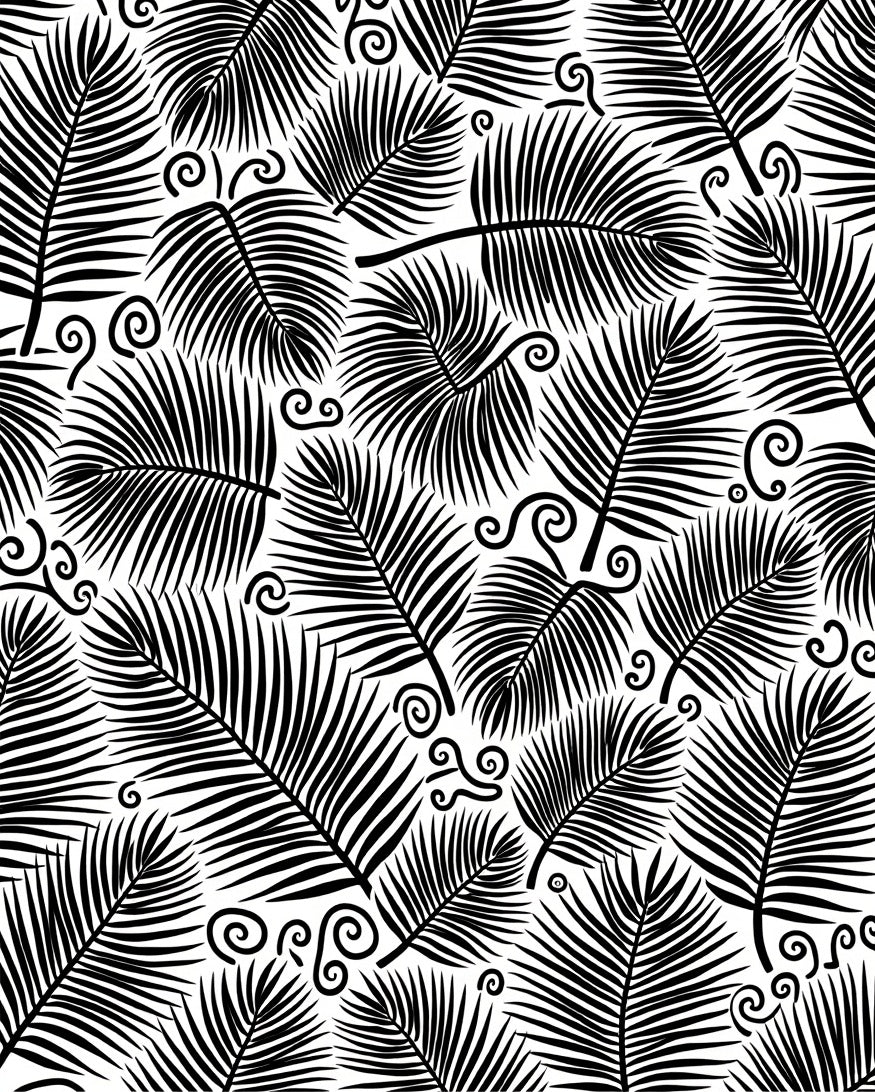 Black White Tropical Leaf Swirl Pattern Rug