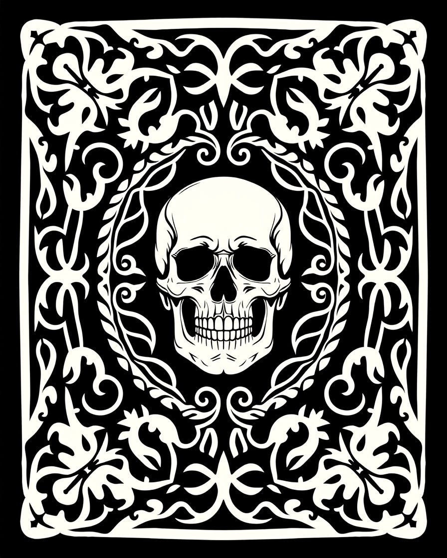 Black White Skull Floral Frame Rug