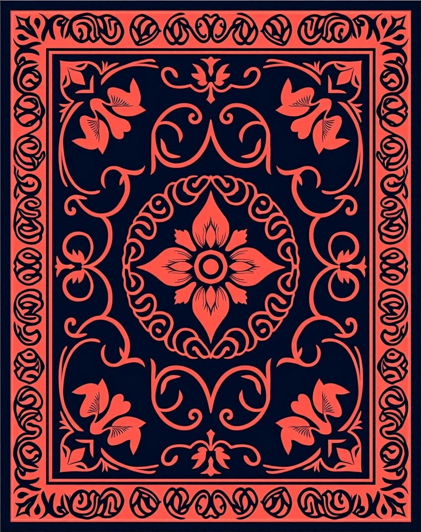 Coral Floral Intricate Border Rug