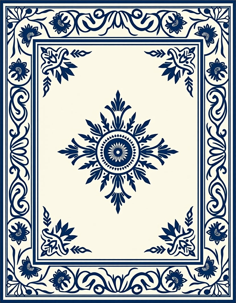 Elegant Navy Floral Medallion Pattern Rug