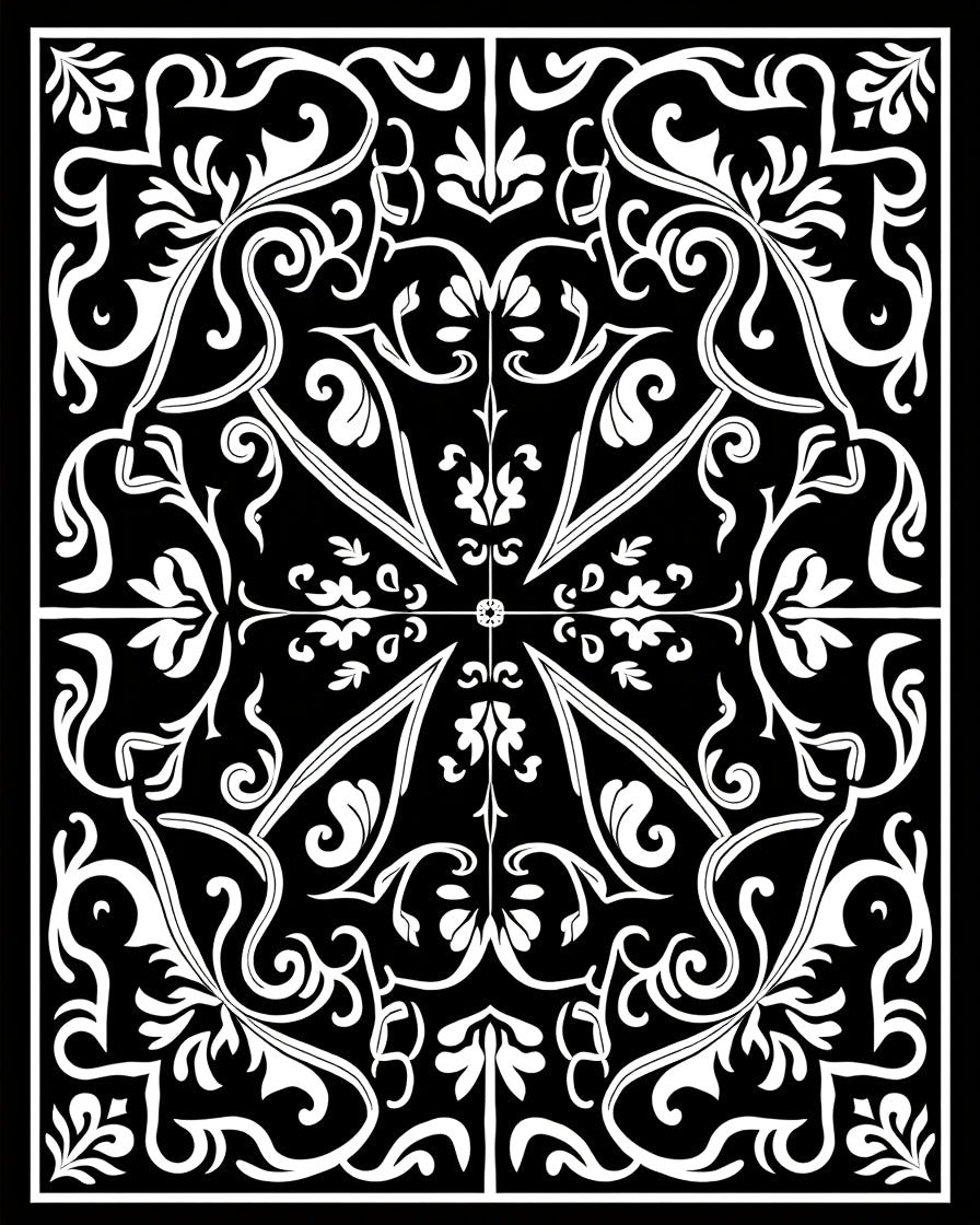 Classic Black White Flourish Pattern Rug