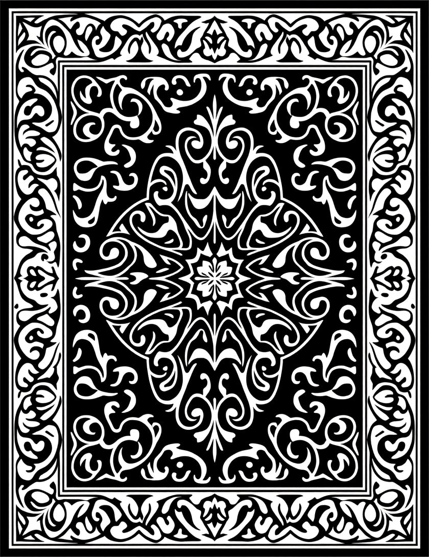 Intricate Floral Scrollwork Black White Rug
