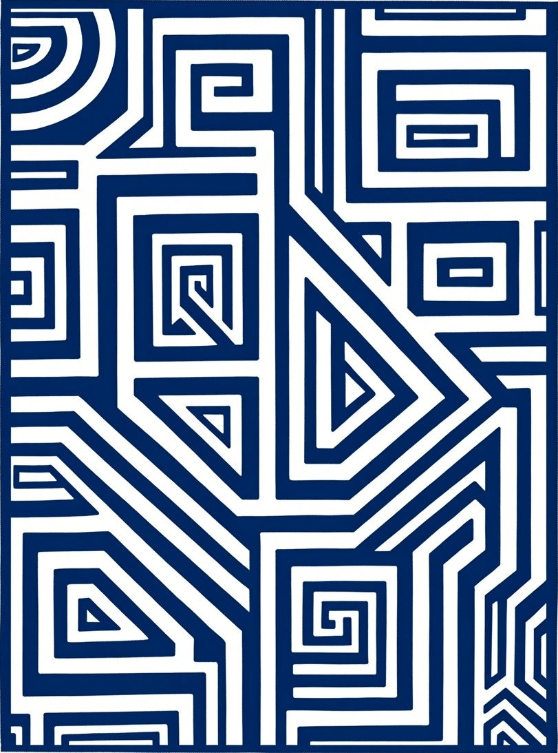 Bold Blue and White Geometric Maze Rug