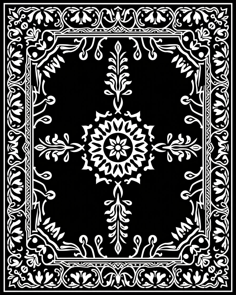 Ornate Black White Floral Medallion Design Rug