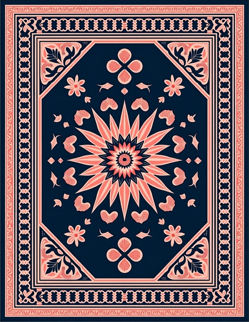 Coral And Navy Floral Medallion Rug