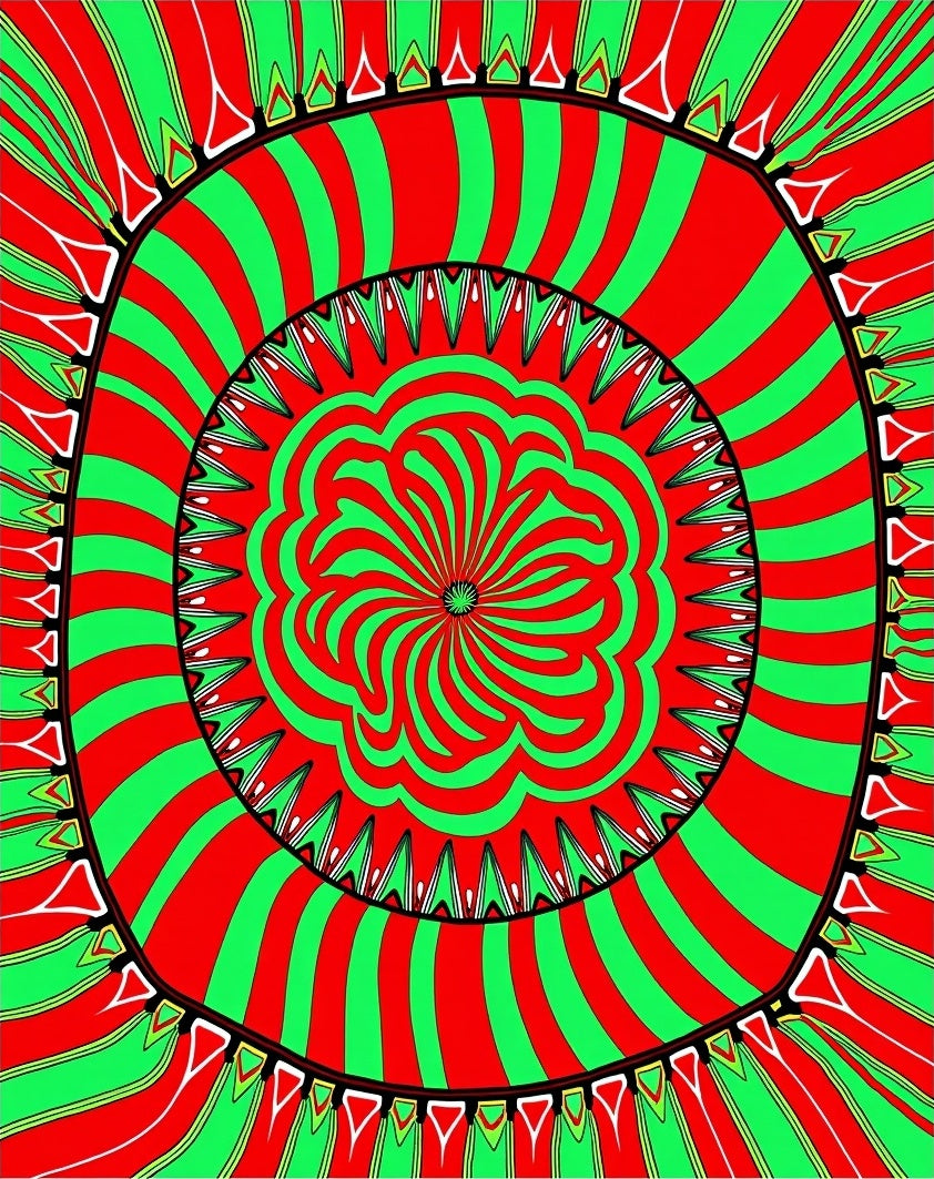 Vibrant Red Green Starburst Mandala Design Rug