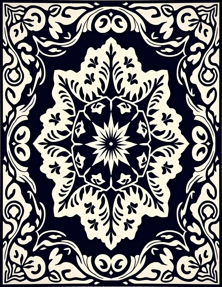 Classic Black White Floral Medallion Design Rug
