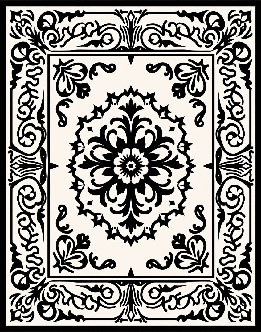 Elegant Black Floral Scrollwork Rug