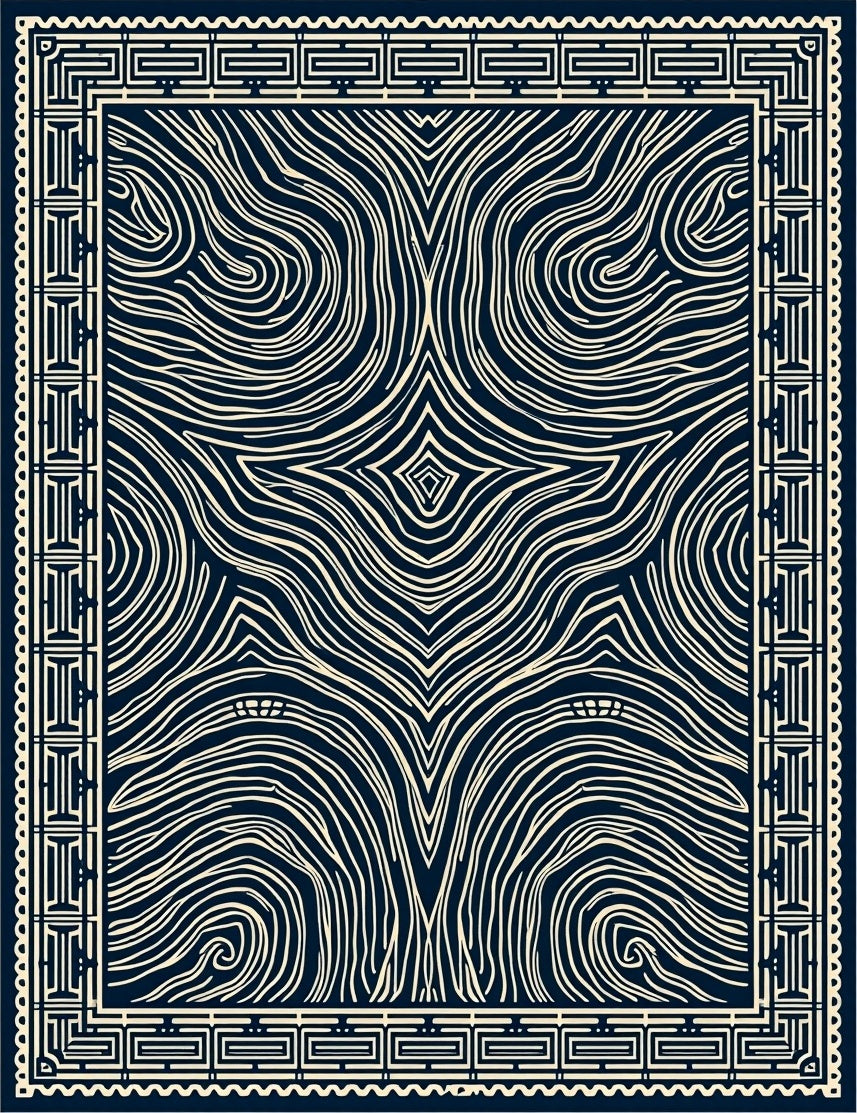 Deep Navy Cream Swirling Marble Border Rug