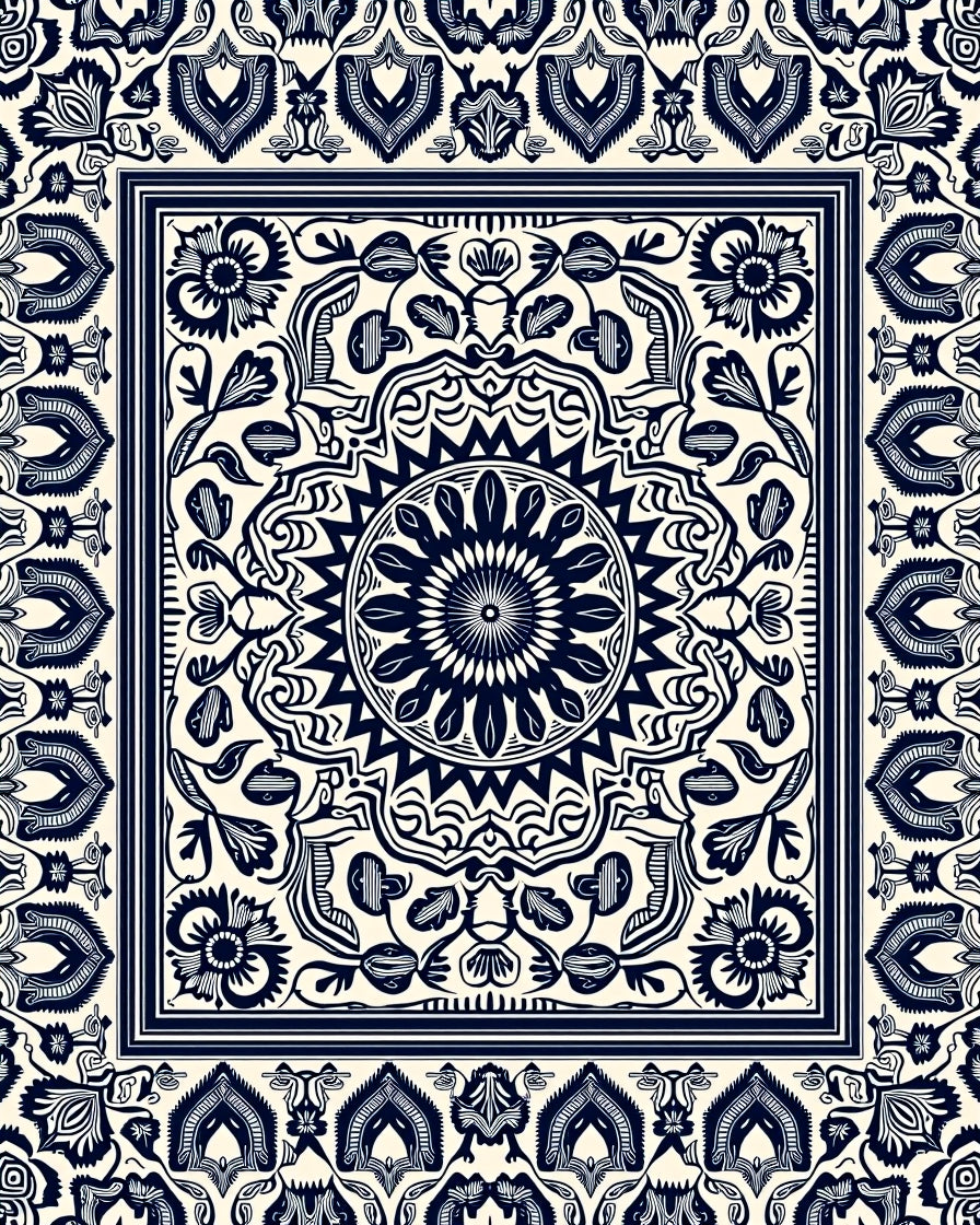 Intricate Floral Medallion Monochrome Design Rug