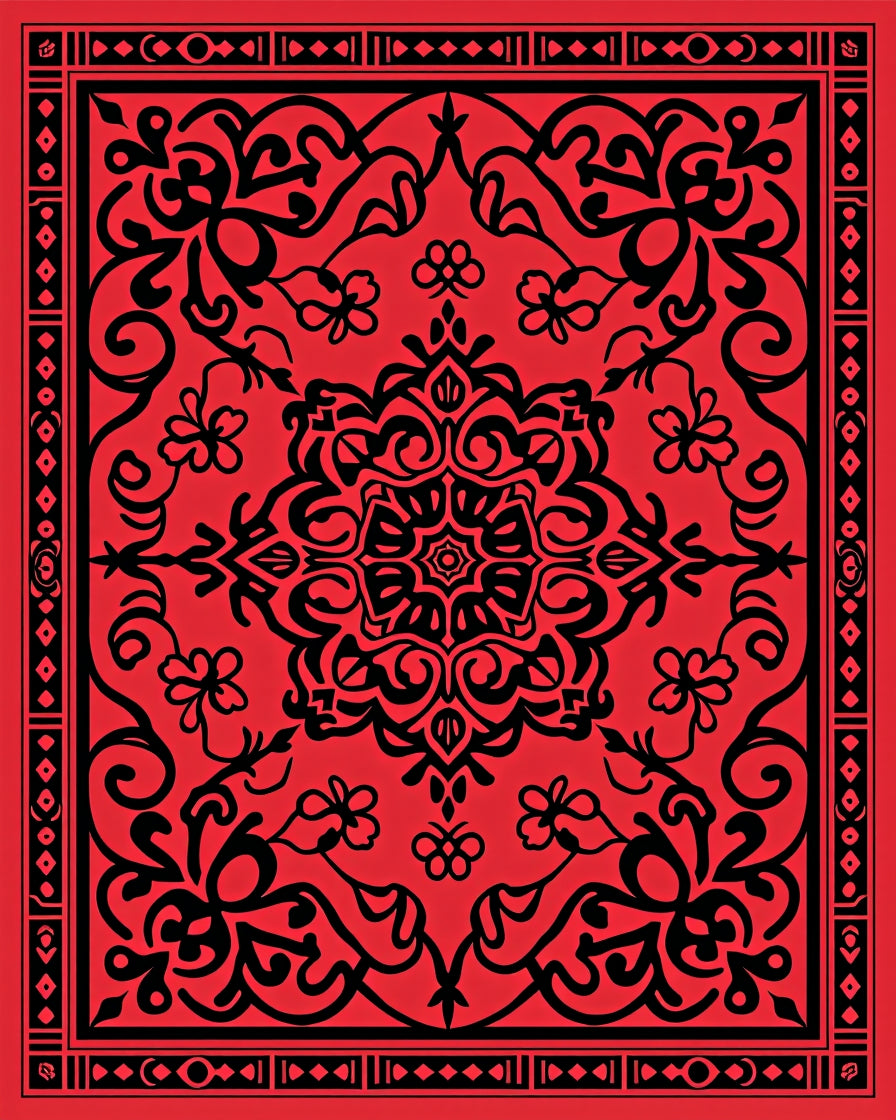 Intricate Red Black Floral Mandala Design Rug