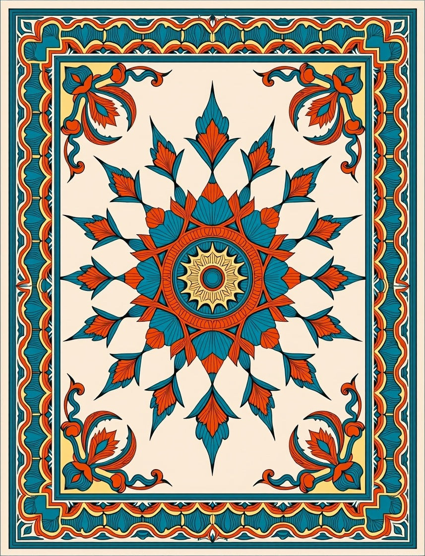 Vibrant Teal Orange Sunburst Pattern Rug
