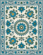 Turquoise Floral Medallion Border Rug