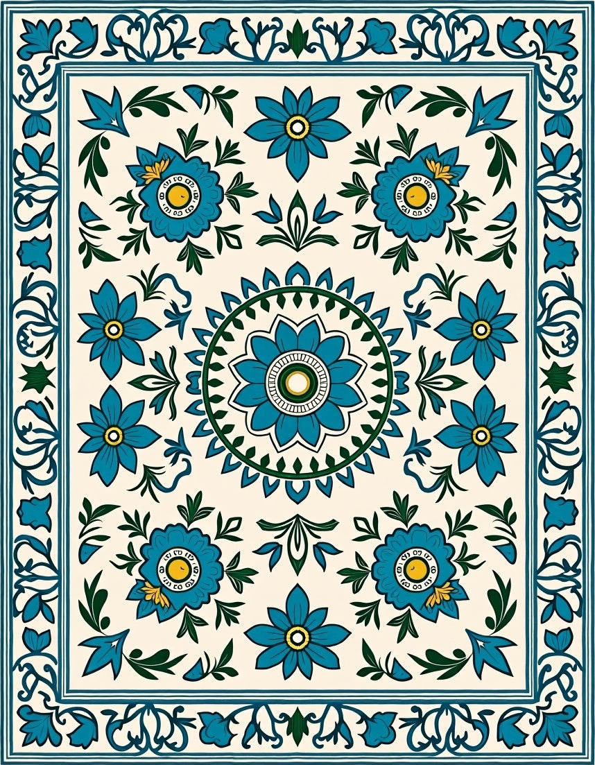 Turquoise Floral Medallion Border Rug