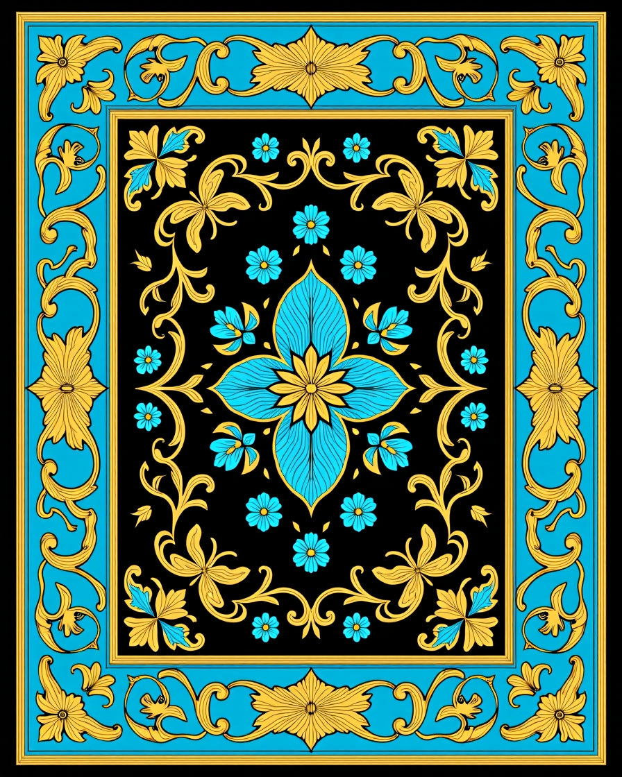 Rococo Black Cyan Golden Floral Rug
