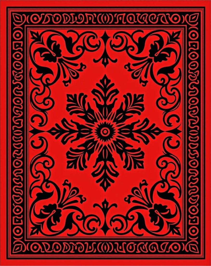 Bold Black Floral Medallion Red Rug