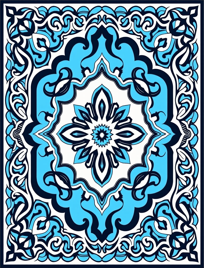 Azure Navy Floral Medallion Pattern Rug