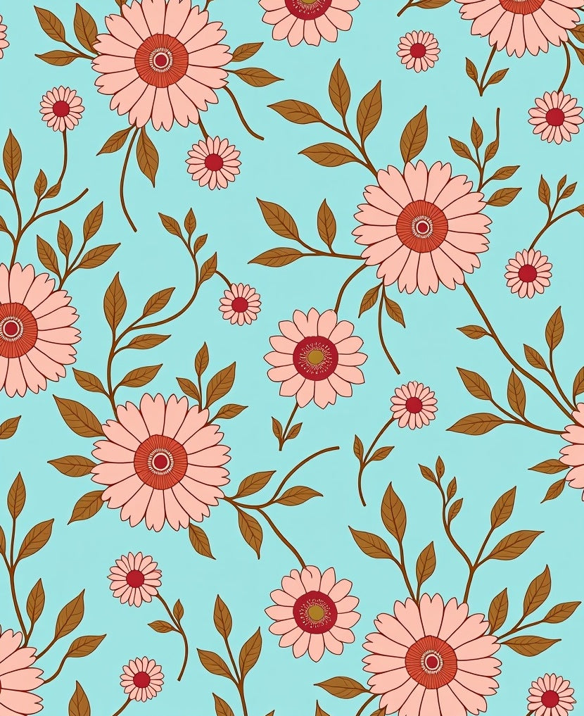 Pink Floral Vine Pattern on Aqua Rug