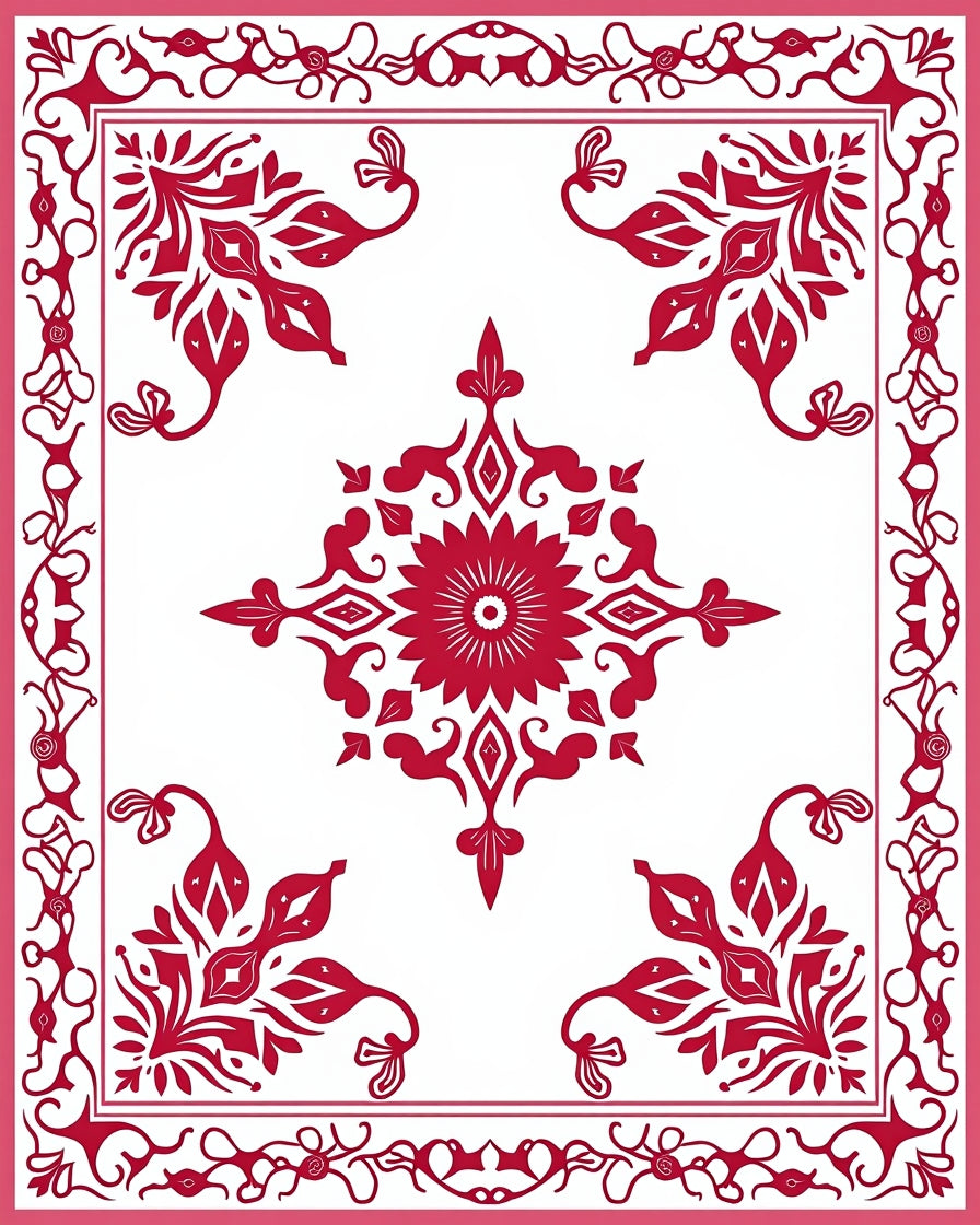 Vibrant Red Floral Scrollwork Mandala Rug