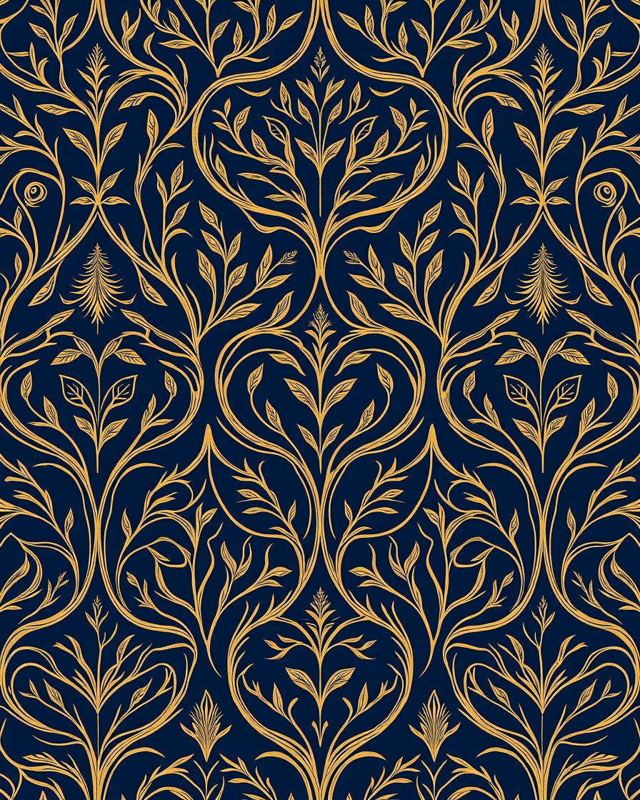 Ornate Gold Leaf Scroll Pattern Rug
