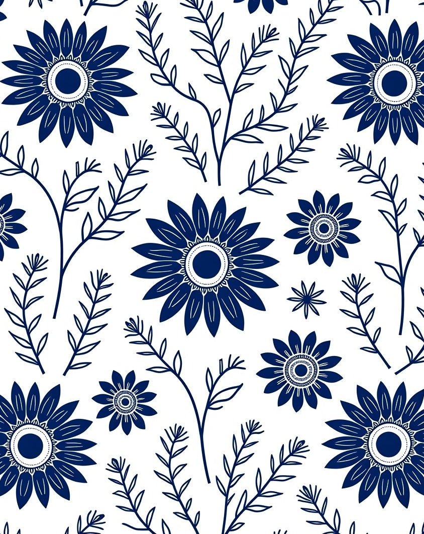 Navy Blue Floral Sprig Pattern Rug