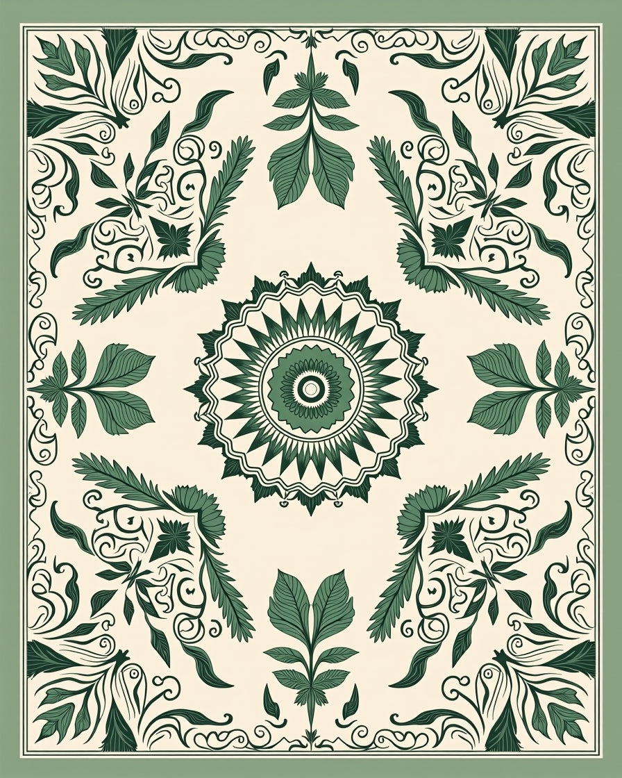 Green Leaf Mandala and Scroll Design Rug