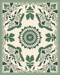 Green Leaf Mandala and Scroll Design Rug
