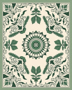 Green Leaf Mandala and Scroll Design Rug