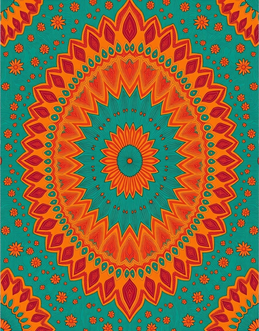 Vivid Teal Orange Mandala Floral Rug