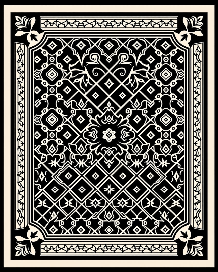 Intricate Black Cream Geometric Ornament Rug
