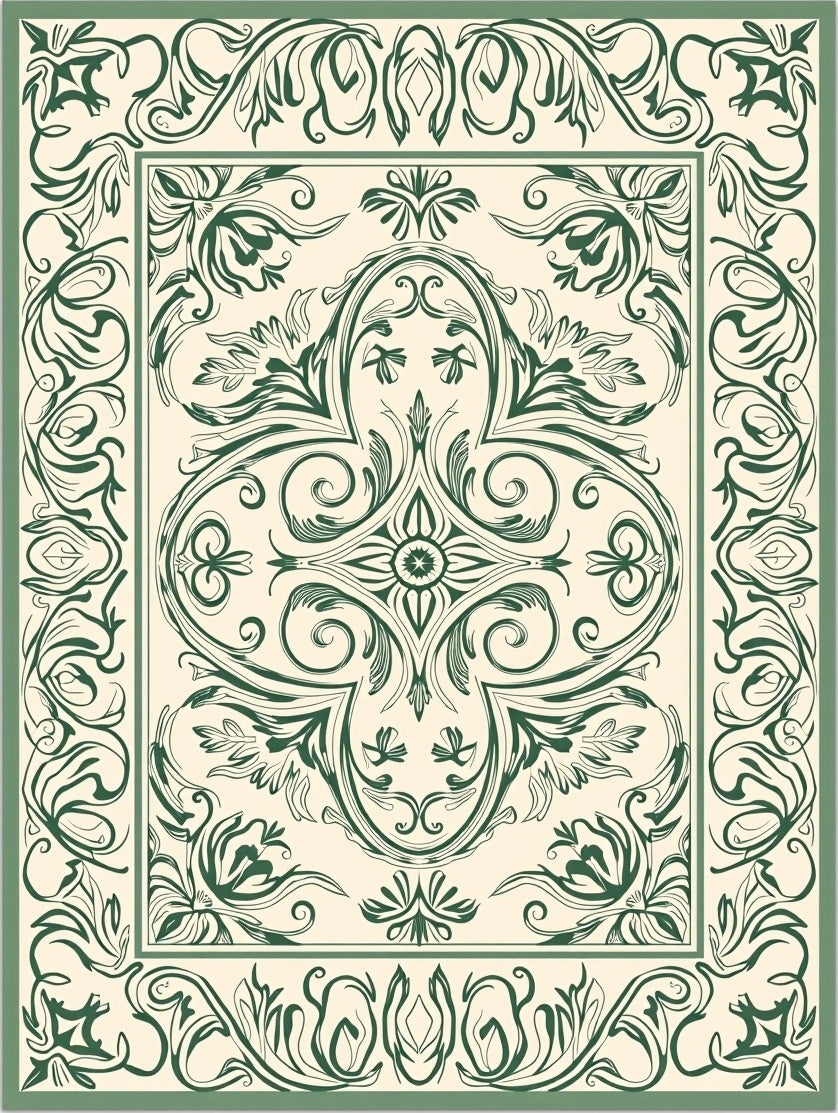 Elegant Green Floral Scrollwork Design Rug