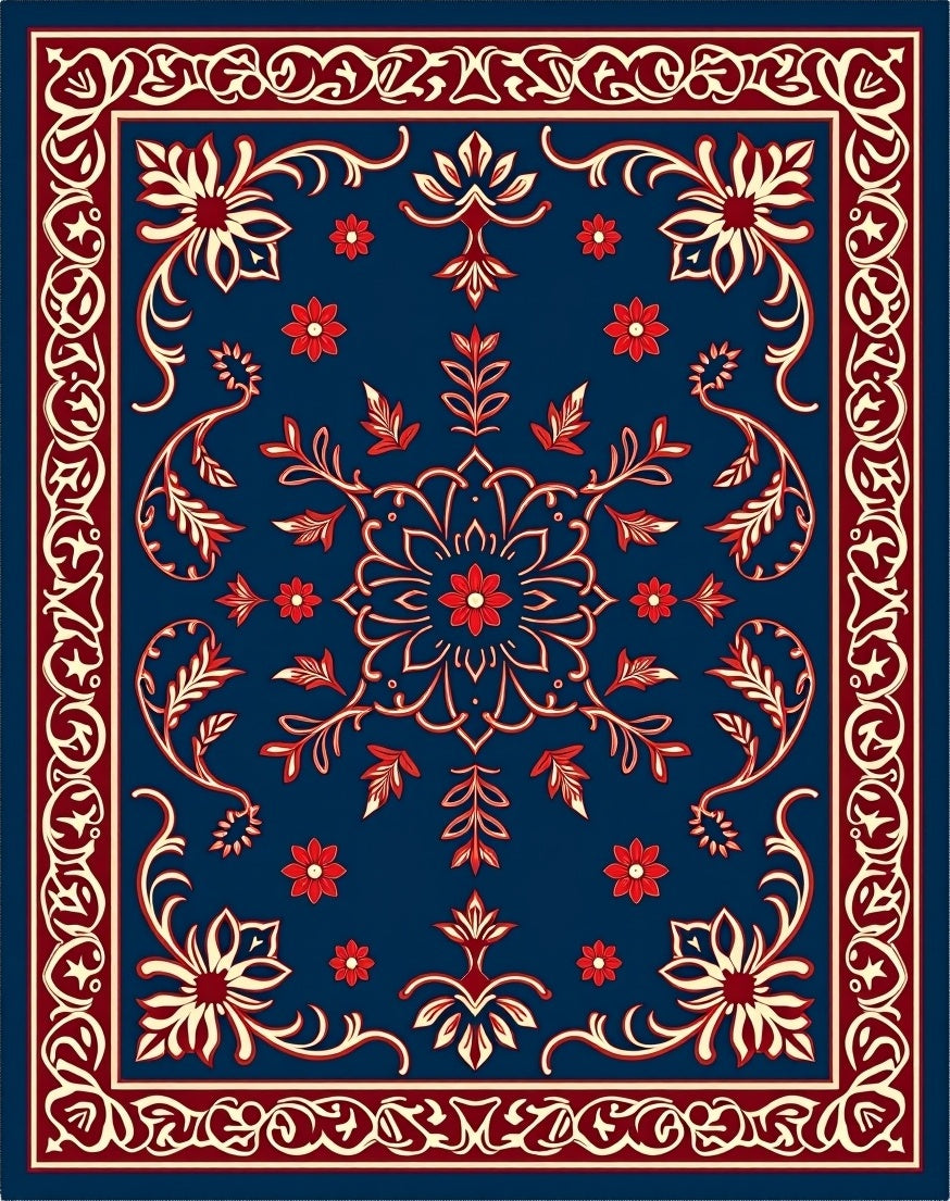 Classic Floral Medallion Red Blue Rug