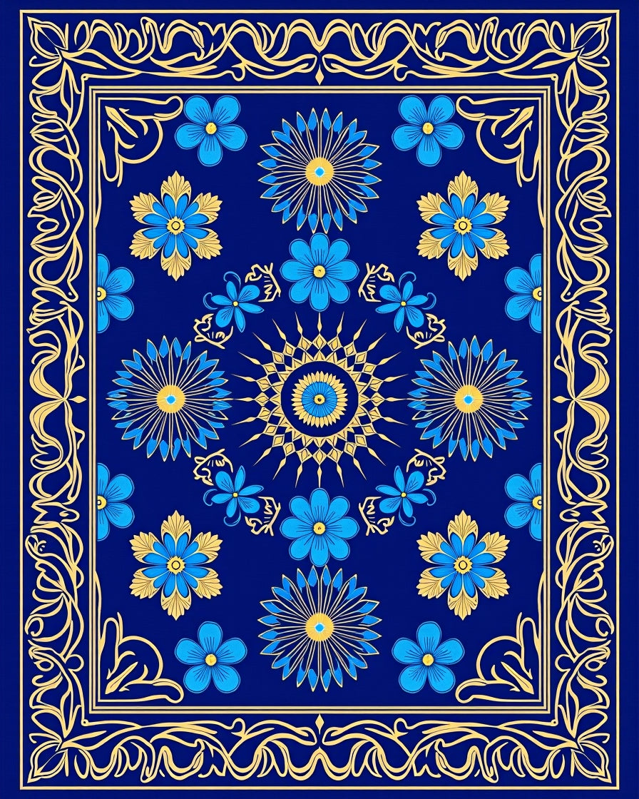 Deep Blue Golden Blooming Scroll Rug