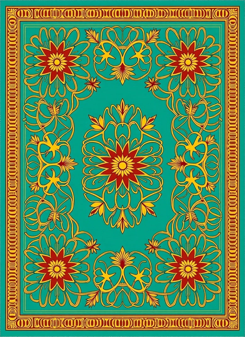 Teal Red Gold Floral Medallion Rug