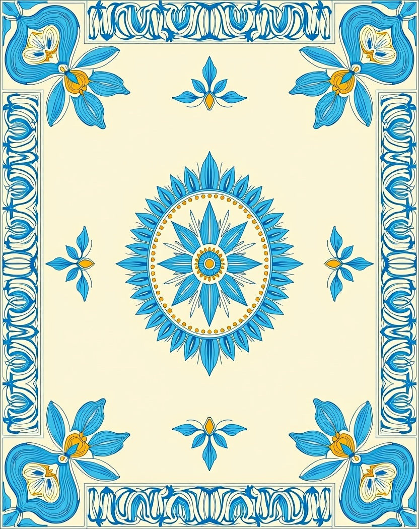 Blue Floral Art Nouveau Style Rug