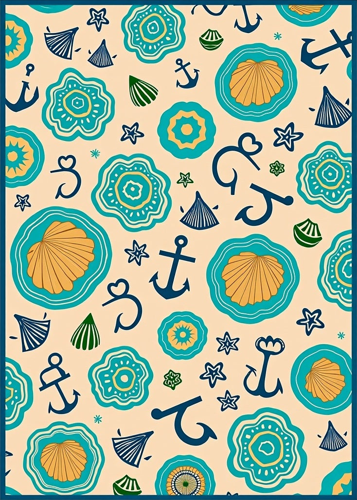 Nautical Icons In Teal And Ochre Rug